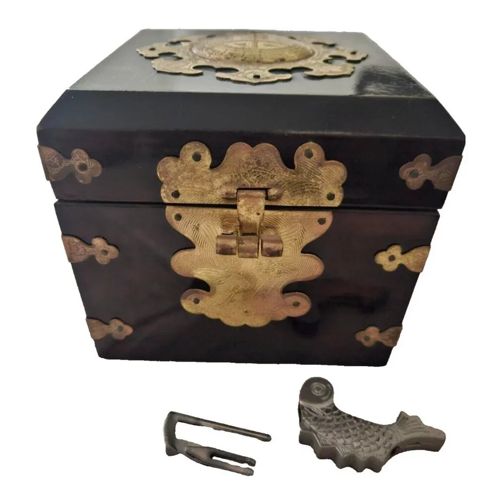 Vintage Chinese Lacquered Jewelry Box Brown and Gold with Koi Fish Lock and Key